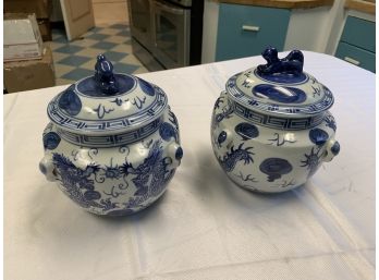 Pair Of  Covered Blue White Pottery