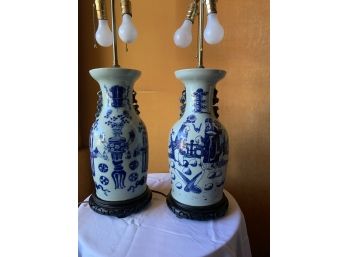 Pair Of Antique Blue And White Porcelain Table Lamps