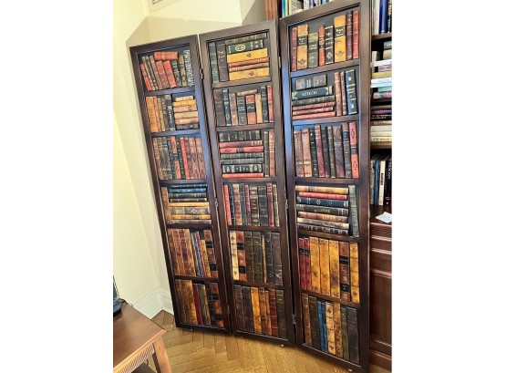 Mahogany Four-panel Book Screen With Hand-painted Faux Book Spines And Hidden Hing