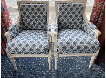 Pair Of White Chairs With Ikat Upholstery