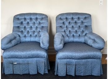 Blue Tufted Back Arm Chairs In Need Of Repair