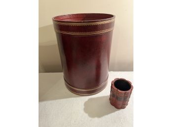 Round Red Leather Trashcan With Pencil Holder