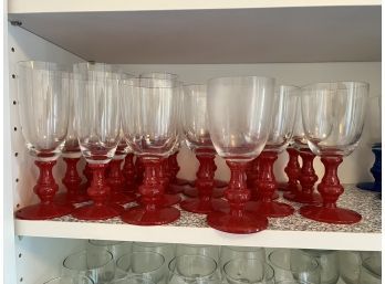 Set Of Red Stem Wine And Champagne Glasses