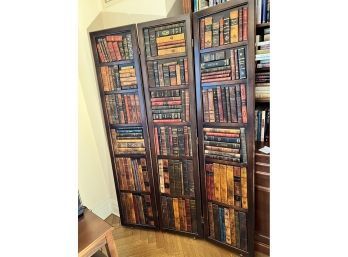 Mahogany Four-panel Book Screen With Hand-painted Faux Book Spines And Hidden Hing