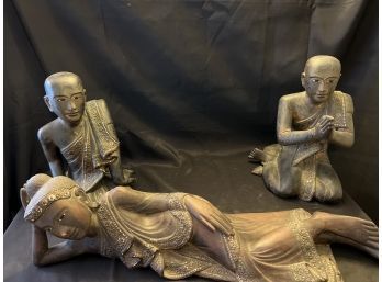19 C. Asian Wood Carved Buddha With To Attendants