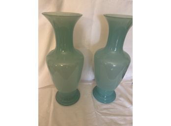 Pair Of Light Turquoise  Glass Vases