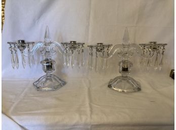 Pair Of Glass Candelabras With Crystal Drops