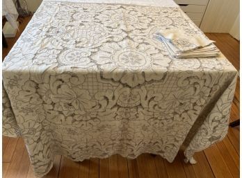 Ornate Antique Madeira Embroidery Linen Tablecloth 12 Napkins