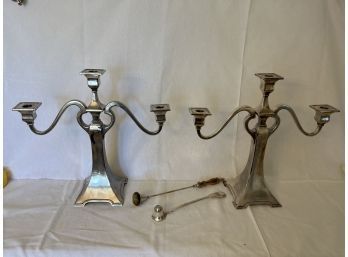 Pair Of Silver Plated Candelabras With Two Candle Snuffers