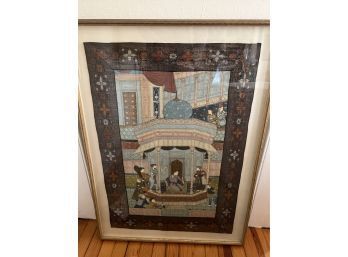 Persian Framed Painting On Silk With Woven Border And Glass