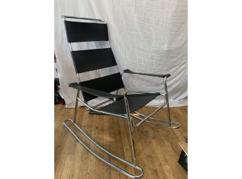Mid-Century Modern Wassily Style Leather Strap And Chrome Rocking Chair
