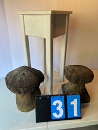 Lot 31 - Hand Carved Wooden Mushrooms And White Painted End Table