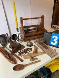 Lot 36 - Various Antique Items. Wooden Stenciled Caddy, Candle Holders, Etc.