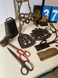Lot 37 - Various Antique Items. Brass Easel Stand, Cow Bells, Trivets, Etc.