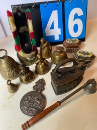 Lot 46 - Vintage And Antique Lot. Bells, Small Mirror, Small Decorative Boxes, Coal Iron, Etc.