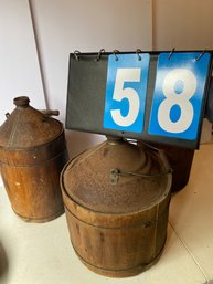 Lot 58 - Three Antique Wood And Metal Fuel Cans.