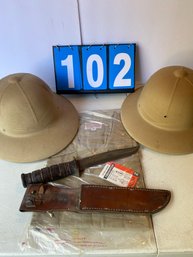 Lot 102 - Two Vintage Pith Helmets, A Hunting Knife , And A Large Creighton Kaikai Shirt.