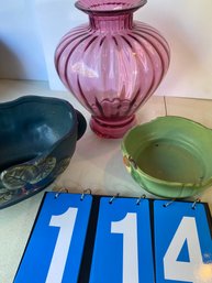 Lot 114 - Three Pieces. Cranberry Glass Vase And Two Pieces Of Roseville.