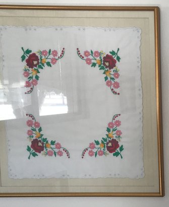Delicate & Detailed Framed Vintage Embroidered Hankerchief