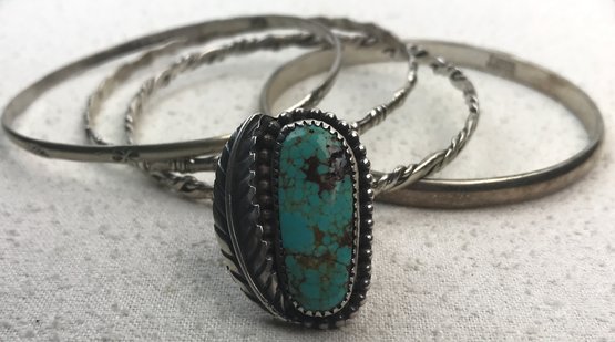 Sterling Bangles & Turquoise Ring With Feather Detail