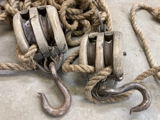 Couple Of Antique Block & Tackle Pulleys & Ropes