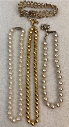 Assortment Of Vintage Faux Pearls & Gold Tone Jewelry