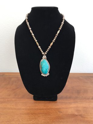 Vintage Turquoise Necklace With Silver Beads