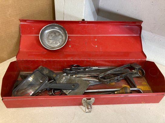 Red Metal Toolbox Filled With Assortment Of Tools (see Photos)