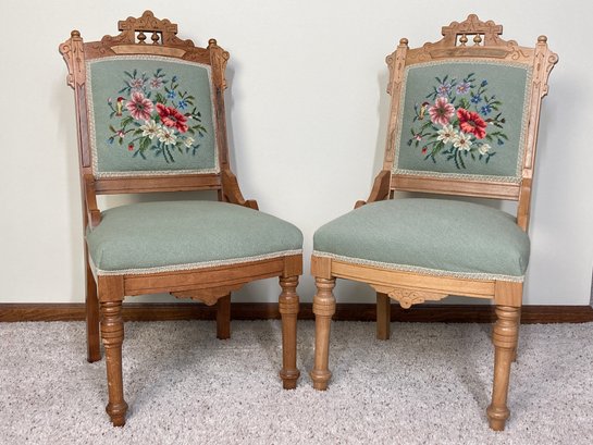Set Of Elegant Antique Hand Carved Wooden Parlor Chairs With Delicate Needle Point