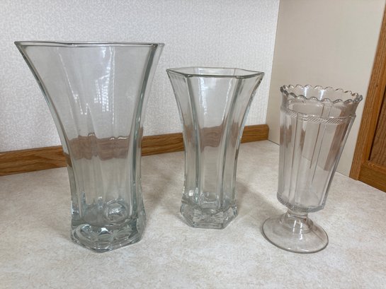 Three Big Clear Glass Flower Vases