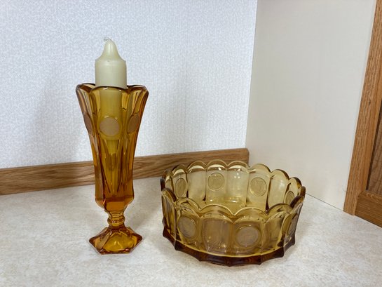 Vintage Decorative Yellow Glass Bowl & Candle Holder