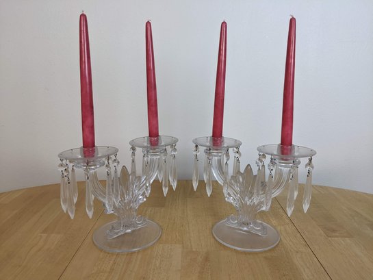 Pair Of Ornate Candle Holders With Hanging Crystals