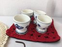 Fun Mixed Lot Of Vintage Crocheted Pot Holders, Metal Mice, Egg Cups & Painted Goose