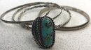 Sterling Bangles & Turquoise Ring With Feather Detail