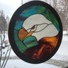 Really Large Round Well Made Hand Crafted Stained Glass Bald Eagle Head With Hanging Chain ( Over 2 Ft Wide)