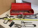 Red Metal Toolbox Filled With Assortment Of Tools (see Photos)