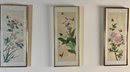 Set Of 3 Asian Silkscreened Floral & Butterfly Framed Panels