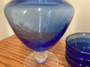 Big Blue Hand Made & Cut Glass Vase & Blue Custard Dishes