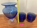 Big Blue Hand Made & Cut Glass Vase & Blue Custard Dishes
