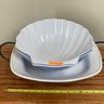 White Ceramic Serving Dish With Wire Rack & 2 Clam Plastic Bowls
