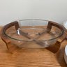 Round Glass Serving Dish With Wooden Rack & 2 White Glass Baking Dishes