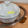 Round Glass Serving Dish With Wooden Rack & 2 White Glass Baking Dishes