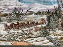 Vintage Wall Tapestry Of Dog Sled Team With Hanging Brackets Hall & Hoops