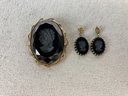 Vintage Black Etched Cameo Brooch & Matching Earrings