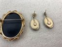Vintage Black Etched Cameo Brooch & Matching Earrings