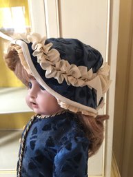 Handmade Porcelain Doll With Hat Dressed In Victorian Style Clothes