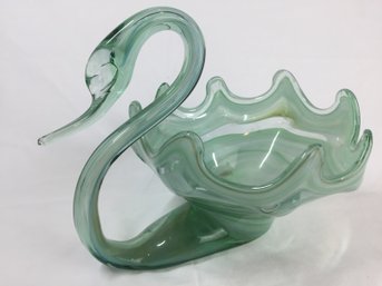 Vintage Late 20th Century Slag Art Glass Hand Blown Sooner Swan Dish Centerpiece Bowl