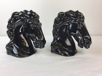 Vintage Black Ceramic Horse Head Bookends