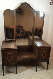Wonderful Antique Drop Center Vanity With Articulating Side Mirrors & Decorative Inlay Front Of Drawers