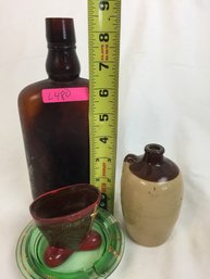 Assortment Of Vintage Glass & Ceramic Featuring Miniature Pot, Short Shot, Green Ashtray & Bottle